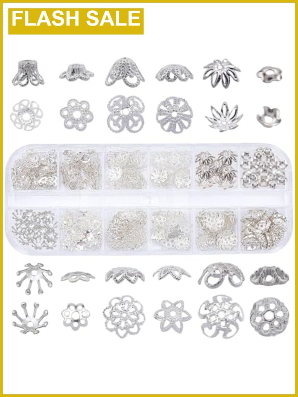240Pcs Flower Spacer Bead Caps, 12 Styles Silver Iron Alloy Jewelry Findings